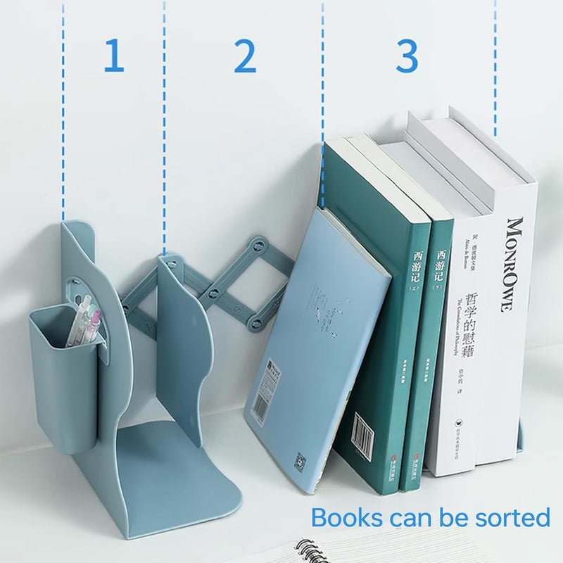 Bukela Book Holder, Adjustable Bookends, Metal Book Ends for Books Papers Magazines Albums DVDs Desks Binder Organizer Holder for Home,Office,Classroom with Pen Holder,Extends up to 19 inches (Blue) - Image 5